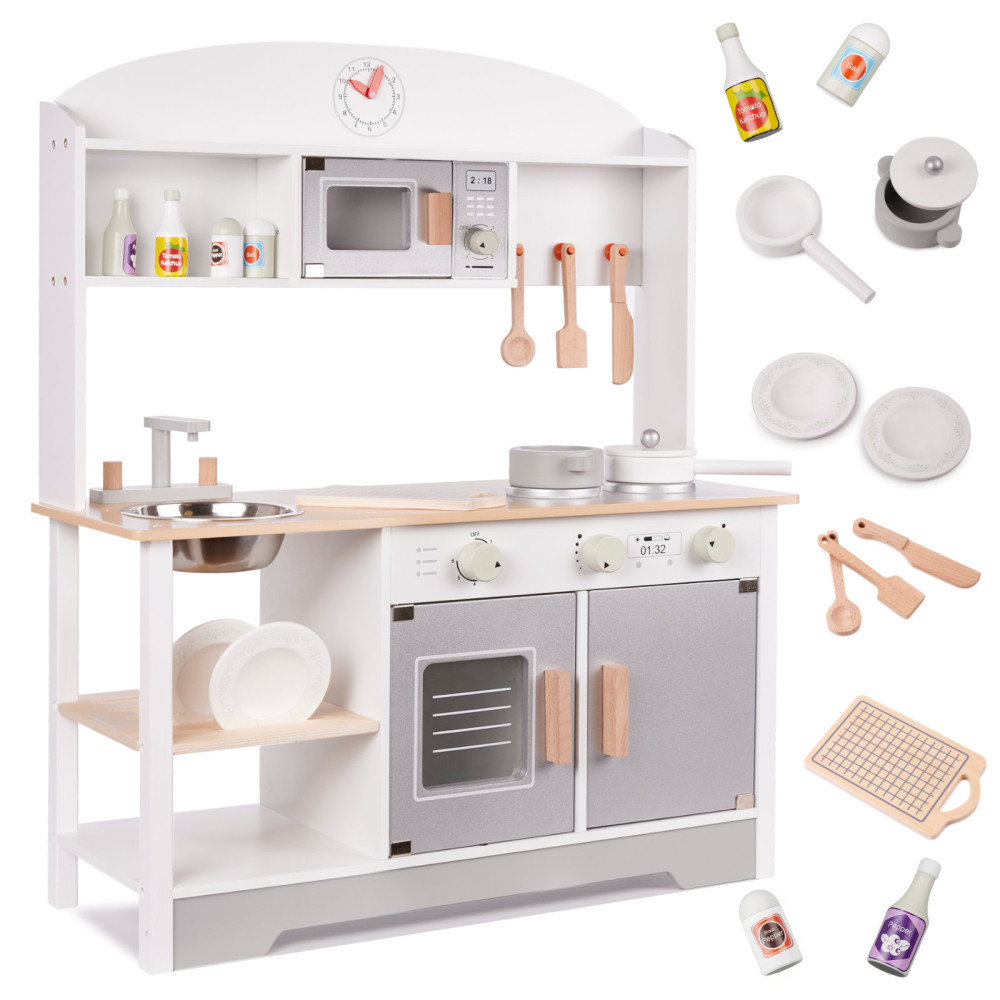 Drewniana kuchnia dla dzieci MDF modern classic z akcesoriami 82 cm szara