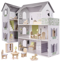 Drewniany domek dla lalek z mebelkami 70 cm, szary MDF