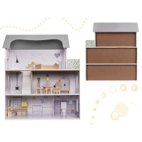 Drewniany domek dla lalek z mebelkami 70 cm, szary MDF