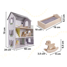 Drewniany domek dla lalek z mebelkami 70 cm, szary MDF