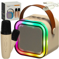 Głośnik karaoke z 2 mikrofonami i podświetleniem RGB - beżowy