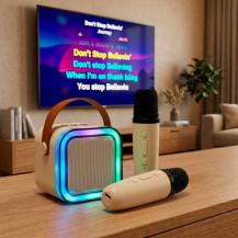 Głośnik karaoke z 2 mikrofonami i podświetleniem RGB - beżowy