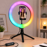 Lampa pierścieniowa LED RGB IKONKA na statywie do selfie