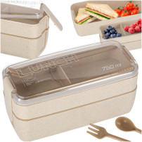 Lunch box z przegródkami 750ml beżowy + sztućce, bez BPA