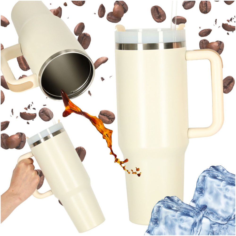 Kubek termiczny ze słomką i uchwytem 1200 ml kremowy