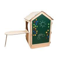 Drewniany domek ogrodowy z tablicą kredową i stolikiem 86x137x105 cm