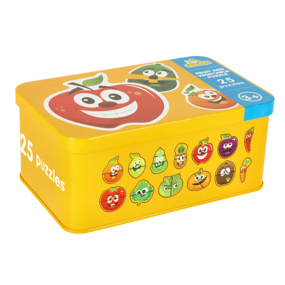 Puzzle dla dzieci owoce i warzywa 50 elementów, 25 obrazków w puszce