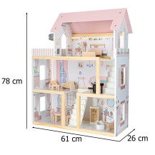 Drewniany domek dla lalek z mebelkami i LED 78 cm, różowy