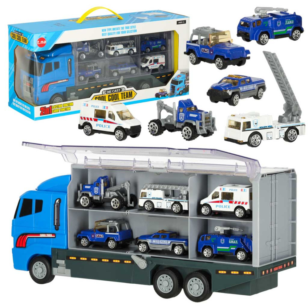 Transporter TIR wyrzutnia + 6 metalowych aut policja