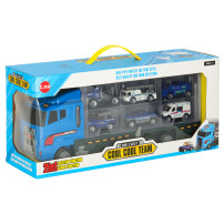 Transporter TIR wyrzutnia + 6 metalowych aut policja