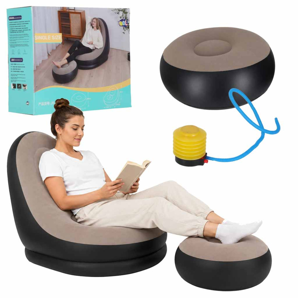 Fotel dmuchany z podnóżkiem 2w1 - sofa, pufa i pompka w zestawie