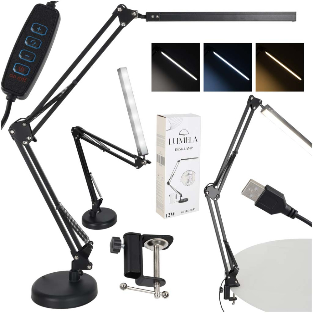 Lampka biurkowa LED USB z klipsem, regulacja jasności i barwy
